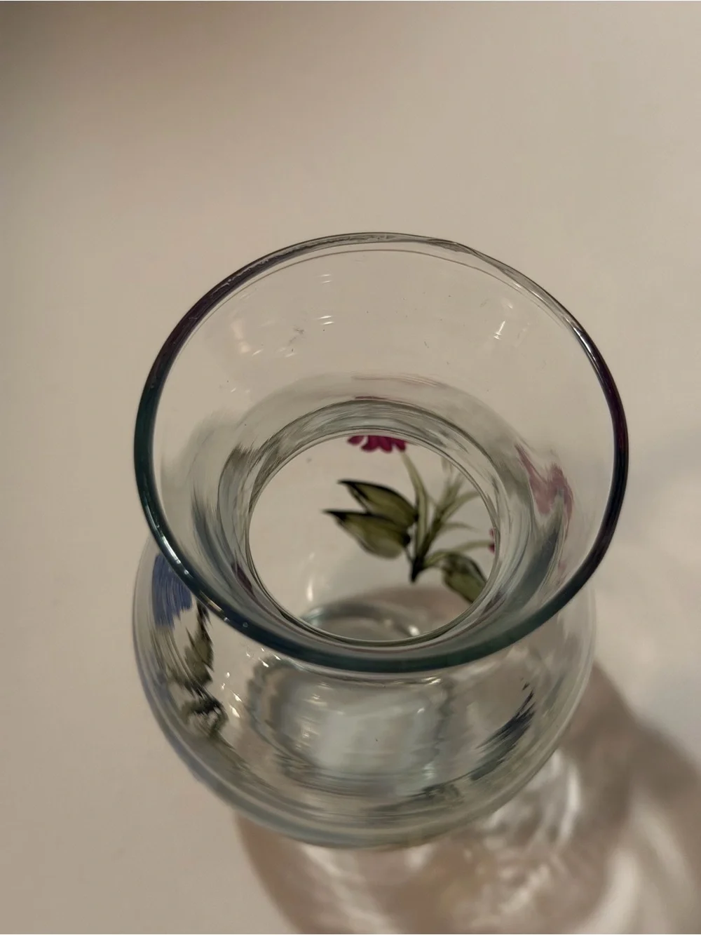 Hand-Painted Floral Glass Vase - Blue and Pink Flowers